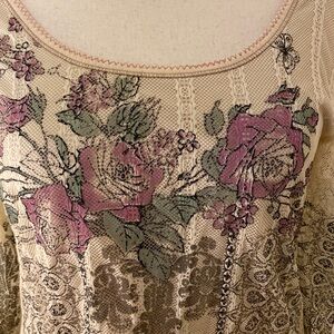 Vanilla Sugar vintage pink/green/cream floral lace pullover w 3/4 sleeves